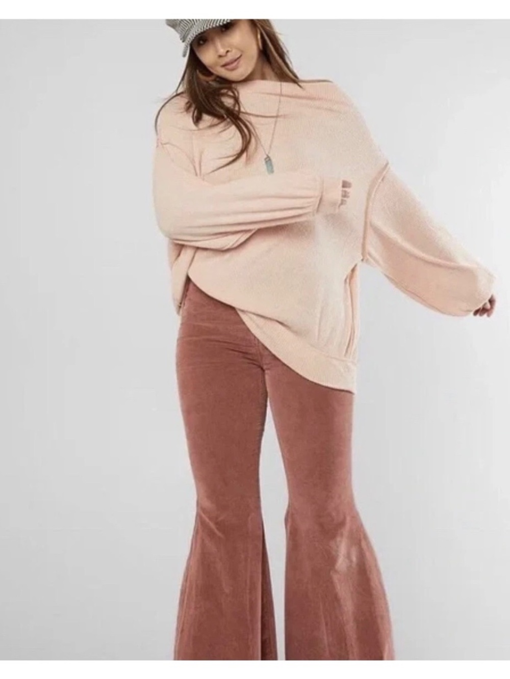 Free People We The Free Main Squeeze Hacci Balloon Sleeve Shirt Peach Slouchy Lg